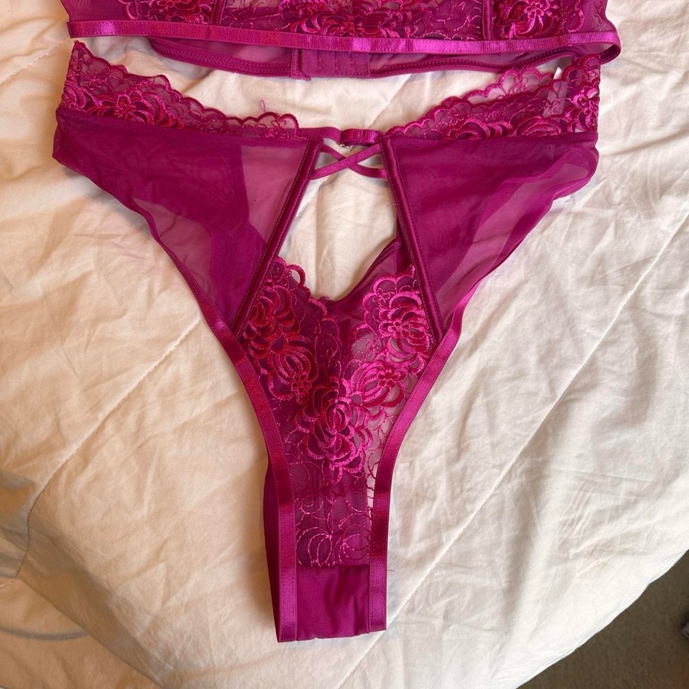 Lace Halter Bralette and Panty Set - Pink - Picture 4 of 5